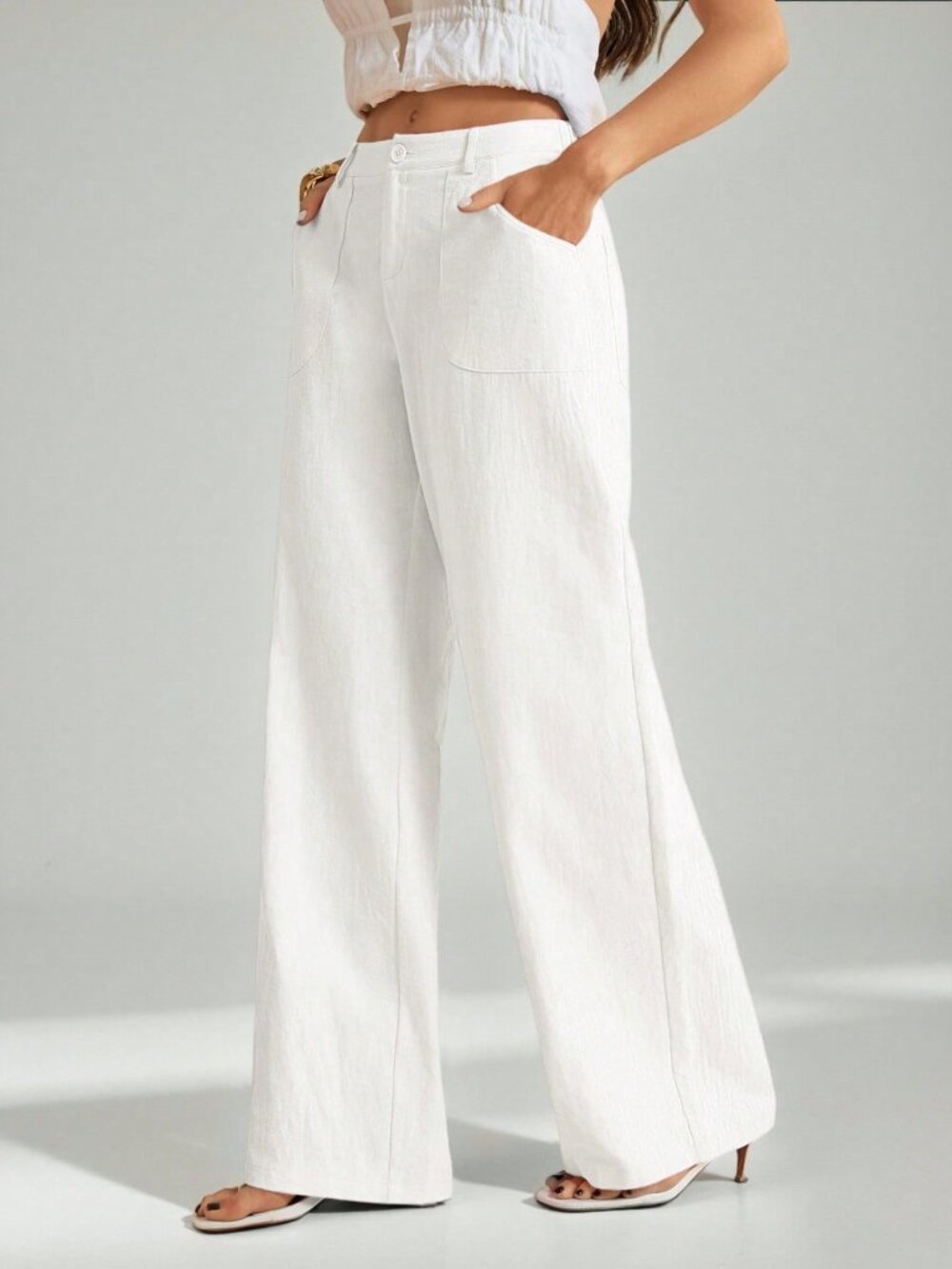 White Casual Women's Washed Low Waist Straight Pants - Picture 3 of 8